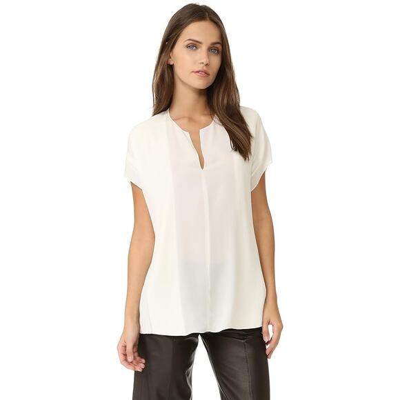 Vince Women's Silk Split Neck Pintuck Cap Sleeve Blouse, Off White, X-Small - Picture 1 of 5